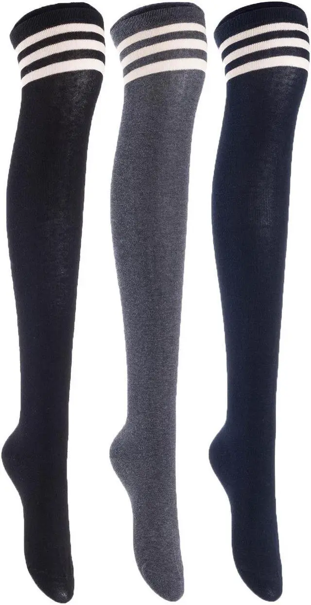 Main image of Lian LifeStyle Women's 3 Pairs Adorable Comfortable Soft Thigh High Over Knee High Cotton Socks Size 6-9 L1022(Black, Dark Grey, Navy)