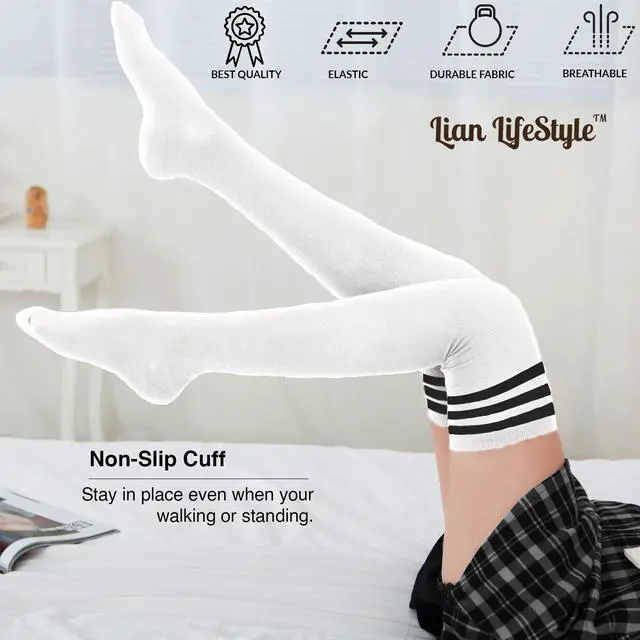 Alt view image 5 of 5 - Lian LifeStyle Women's 5 Pairs Adorable Comfortable Soft Thigh High Over Knee High Cotton Socks Size 6-9 L1022(White)