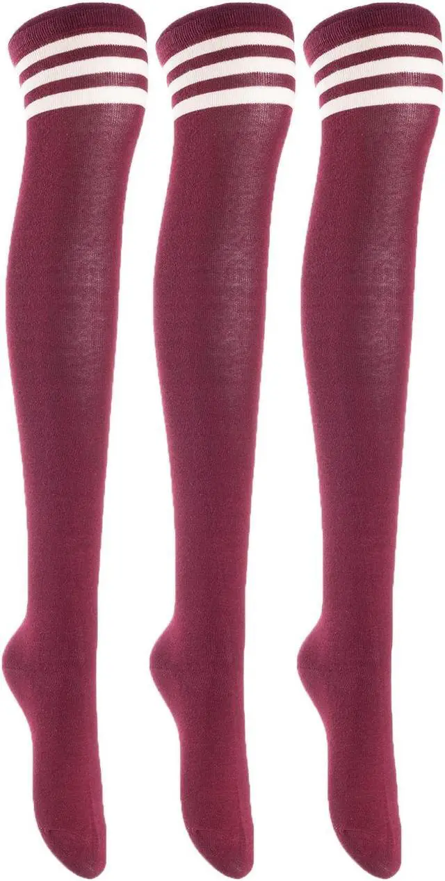 Main image of Lian LifeStyle Women's 3 Pairs Adorable Comfortable Soft Thigh High Over Knee High Cotton Socks Size 6-9 L1022(Wine)