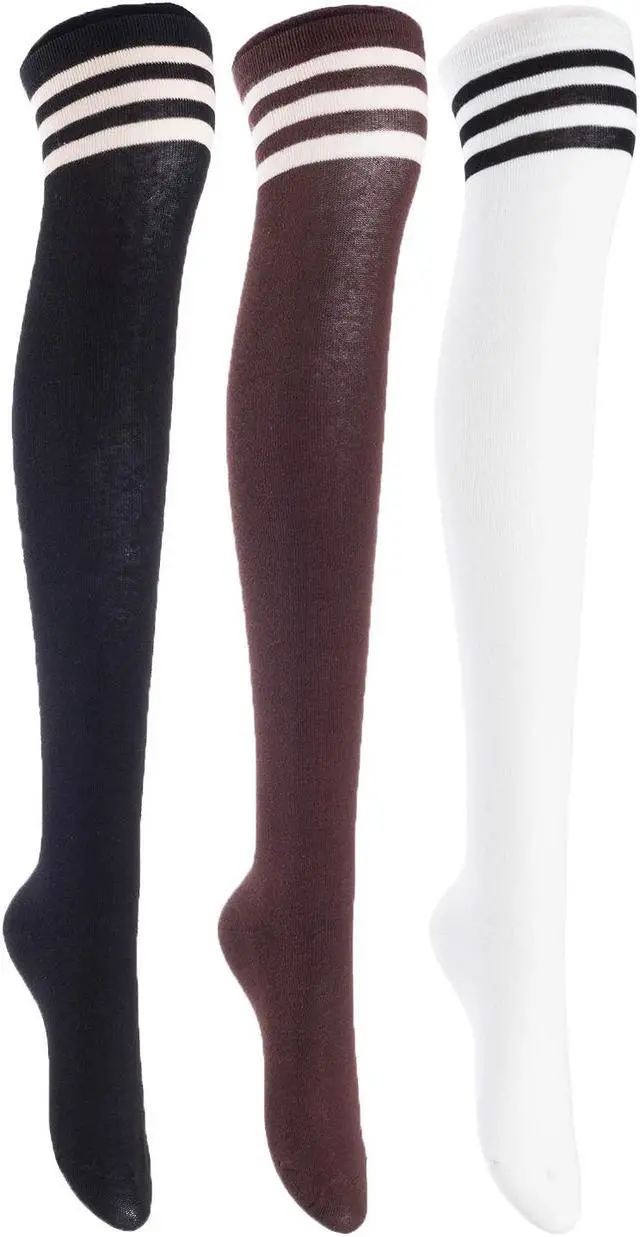 Main image of Lian LifeStyle Women's 3 Pairs Adorable Comfortable Soft Thigh High Over Knee High Cotton Socks Size 6-9 L1022(Black, Coffee, White)