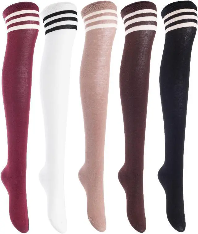 Main image of Lian LifeStyle Women's 5 Pairs Adorable Comfortable Soft Thigh High Over Knee High Cotton Socks Size 6-9 L1022(Black,Cofe,Khaki,White,Wine)