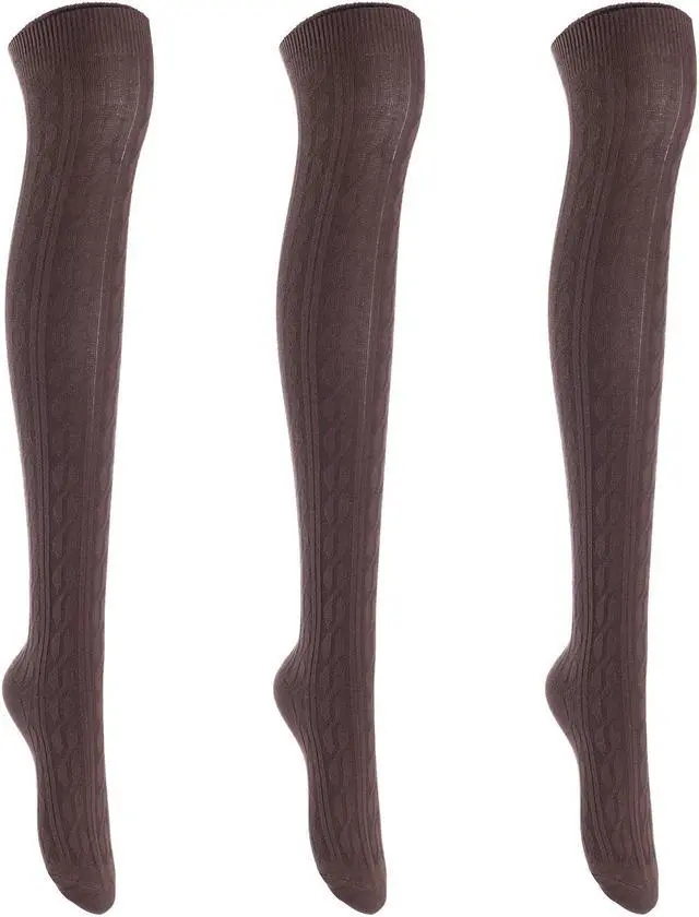Main image of Lian LifeStyle Women's 3 Pairs Adorable Comfortable Soft Thigh High Over Knee High Cotton Socks Size 6-9 L1024(Coffee)