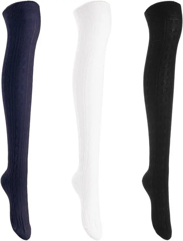Main image of Lian LifeStyle Women's 3 Pairs Adorable Comfortable Soft Thigh High Over Knee High Cotton Socks Size 6-9 L1024 (Black,Cream,Navy)