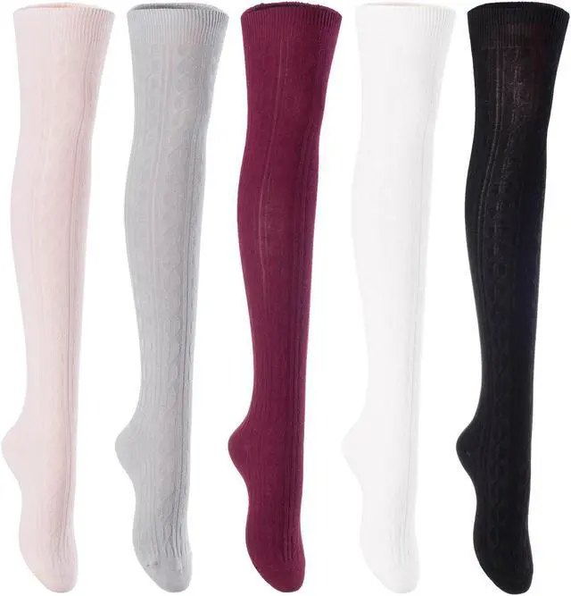 Main image of Lian LifeStyle Exquisite Big Girl's Women's 5 Pairs Super Comfortable Thigh High Cotton Socks in Vibrant Colors Size 6-9 L1024(Beige,LG,Wine,Cream,Black)