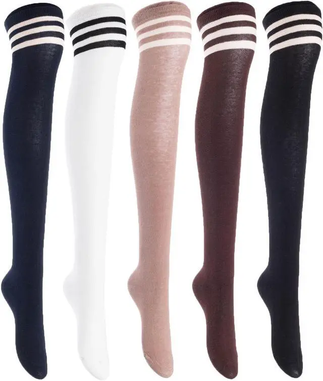 Main image of Lian LifeStyle Women's 5 Pairs Adorable Comfortable Soft Thigh High Over Knee High Cotton Socks Size 6-9 L1022(Black,Coffee,Khaki,White,Nvy)