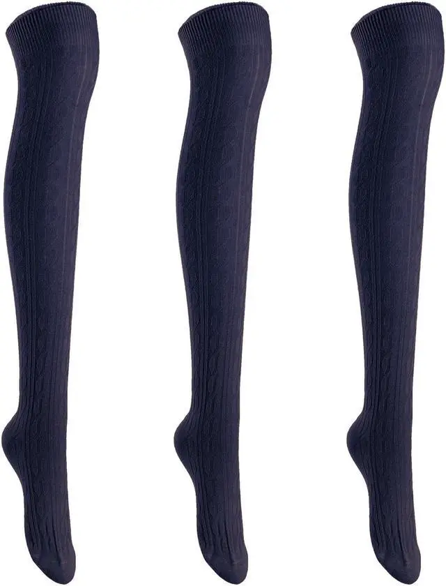 Main image of Lian LifeStyle Women's 3 Pairs Adorable Comfortable Soft Thigh High Over Knee High Cotton Socks Size 6-9 L1024(Navy)