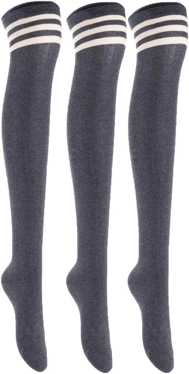 Main image of Lian LifeStyle Exquisite Big Girl's Women's 3 Pairs Super Comfortable Thigh High Cotton Socks in Vibrant Unique Colors Size 6-9 L1022(Dark Grey)