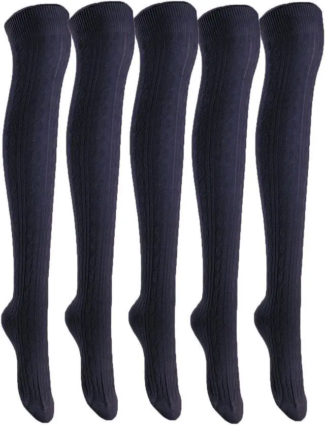 Main image of Lian LifeStyle Women's 5 Pairs Adorable Comfortable Soft Thigh High Over Knee High Cotton Socks Size 6-9 L1024 (Navy)