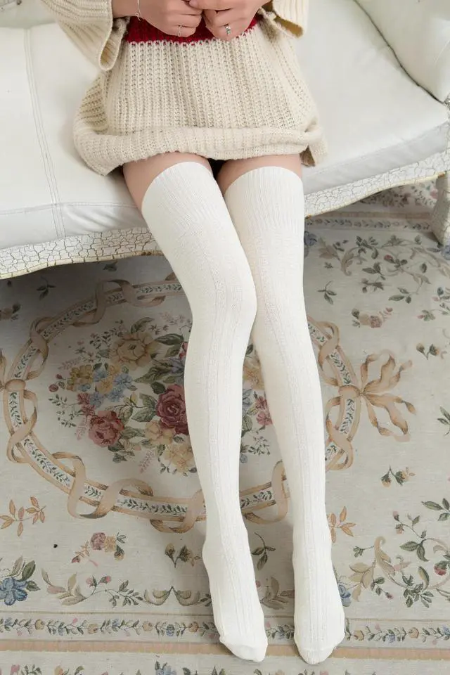 Alt view image 5 of 7 - Meso Women's 3 Pairs Awesome Thigh High Cotton Socks, Comfortable, Soft and Super Durable Size 6-9 M1025-04 (Cream, Beige, Blue)