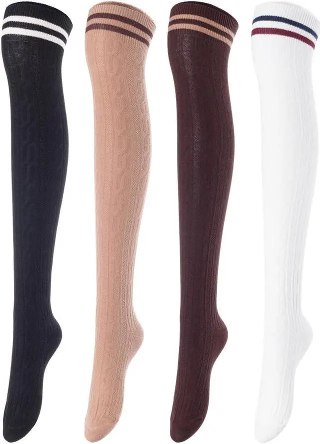 Main image of Meso Women's 4 Pairs Awesome Thigh High Cotton Socks, Comfortable, Soft and Super Durable Size 6-9 M1023 (Black, Coffee, Khaki, White) 4c1
