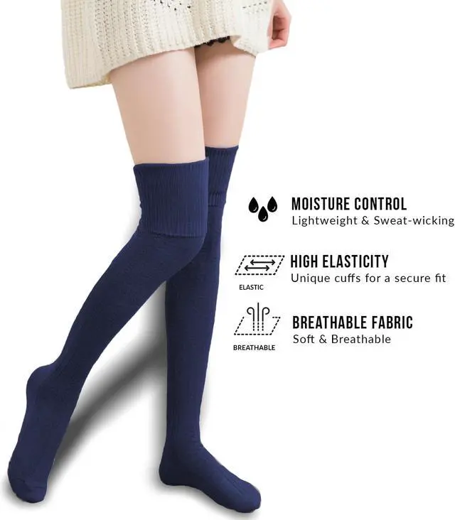Alt view image 7 of 7 - Meso Women's 2 Pairs Awesome Thigh High Cotton Socks, Comfortable, Soft and Super Durable M1025 6-9 2p14 (Black+Navy)