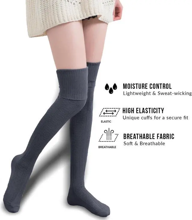 Alt view image 5 of 7 - Meso Big Girl'sWomen's 3 Pairs Awesome Thigh High Cotton Socks, Comfortable, Soft and Super Durable Size 6-9 M1025-06 (Grey, Dark Grey, Black)