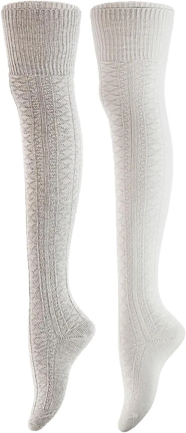 Main image of Meso Women's 2 Pairs Awesome Thigh High Cotton Socks, Comfortable, Soft and Super Durable M1025 6-9 2p17 (Cream+Grey)