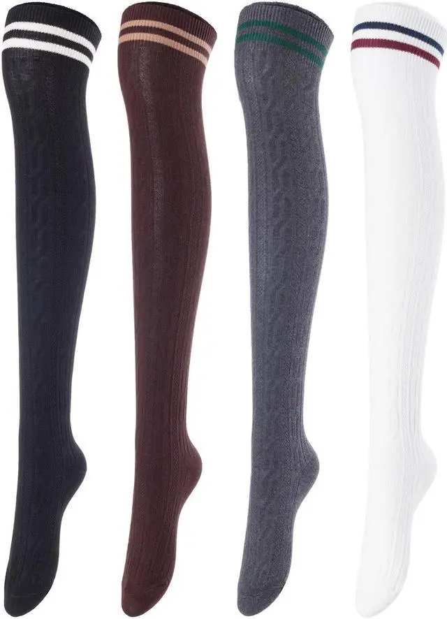 Main image of Meso Women's 4 Pairs Awesome Thigh High Cotton Socks, Comfortable, Soft and Super Durable Size 6-9 M1023 (Black,Coffee,Dark Grey,White) 4c5