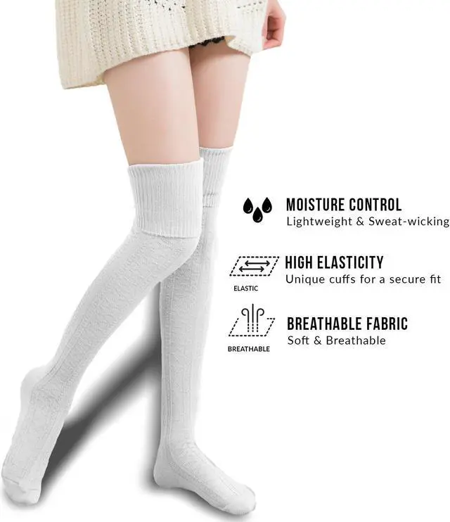 Alt view image 5 of 7 - Meso Big Girl's Women's 2 Pairs Awesome Thigh High Cotton Socks, Comfortable, Soft and Super Durable M1025 6-9 2p-11 (Black+Cream)