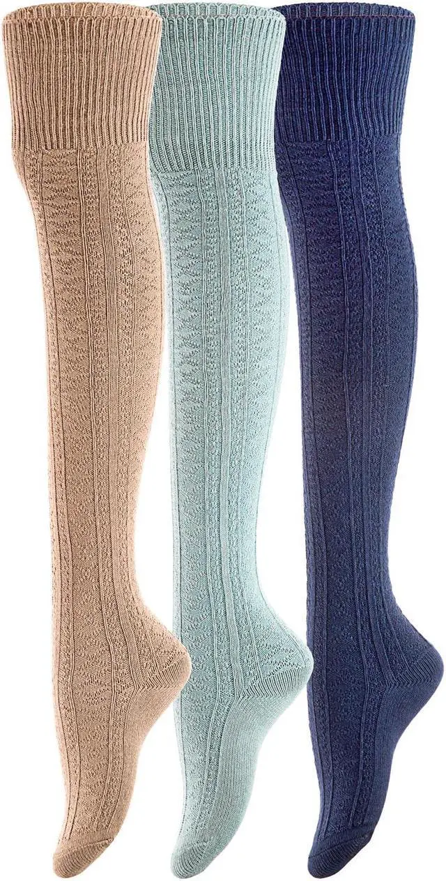 Main image of Meso Women's 3 Pairs Awesome Thigh High Cotton Socks, Comfortable, Soft and Super Durable Size 6-9 M1025-04 (Cream, Beige, Blue)