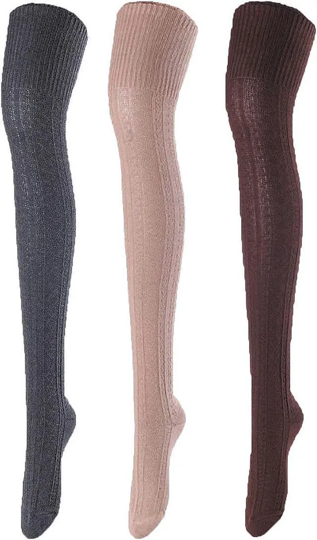 Main image of Meso Big Girl's Women's 3 Pairs Awesome Thigh High Cotton Socks, Comfortable, Soft and Super Durable Size 6-9 M1025-02 (Coffee, Beige, Dark Grey)
