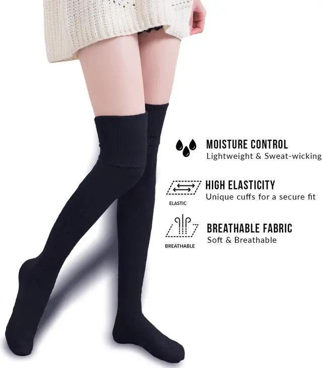 Alt view image 5 of 7 - Meso Women's 2 Pairs Awesome Thigh High Cotton Socks, Comfortable, Soft and Super Durable M1025 6-9 2p14 (Black+Navy)