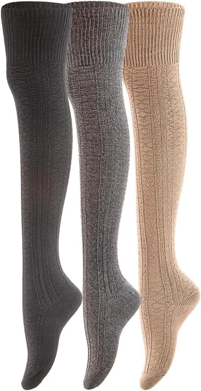 Main image of Meso Big Girl's Women's 3 Pairs Awesome Thigh High Cotton Socks, Comfortable, Soft and Super Durable Size 6-9 M1025-05 (Khaki, Dark Grey, Black)