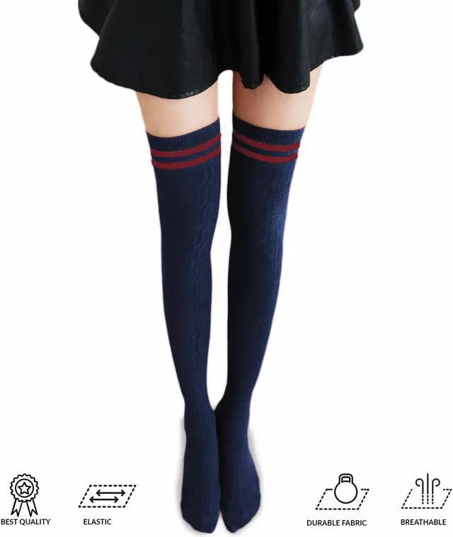 Alt view image 6 of 7 - Meso Women's Big Girl's 4 Pairs Splendid Knee High Cotton Socks, Strong yet Soft, Cozy and Stylish Size 6-9 M1022 (Navy, Wine, Khaki, White)