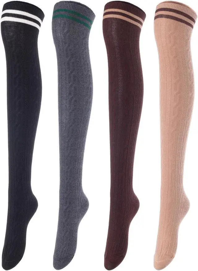 Main image of Meso Women's 4 Pairs Awesome Thigh High Cotton Socks, Comfortable, Soft and Super Durable Size 6-9 M1023 (Black, Coffee, Dark Grey, Khaki) 4c1