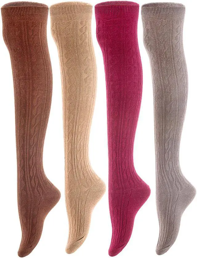 Main image of Women's 4 Pairs Super Durable, Awesome, Comfortable, Soft Thigh High Cotton Boot Socks MJ1024 Size 6-9(Coffee,Beige,Wine, Dark Grey)