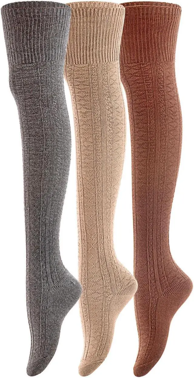 Alt view image 2 of 7 - Meso Big Girl's Women's 3 Pairs Awesome Thigh High Cotton Socks, Comfortable, Soft and Super Durable Size 6-9 M1025-02 (Coffee, Beige, Dark Grey)
