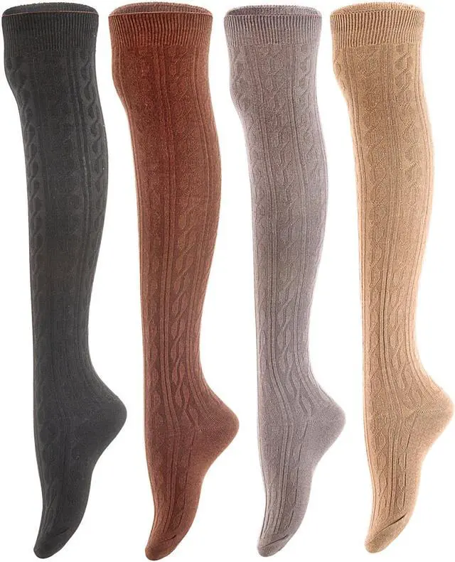 Main image of Women's 4 Pairs Super Durable, Awesome, Comfortable, Soft Thigh High Cotton Boot Socks MJ1024 Size 6-9(Black,Coffee,Dark Grey, Beige)