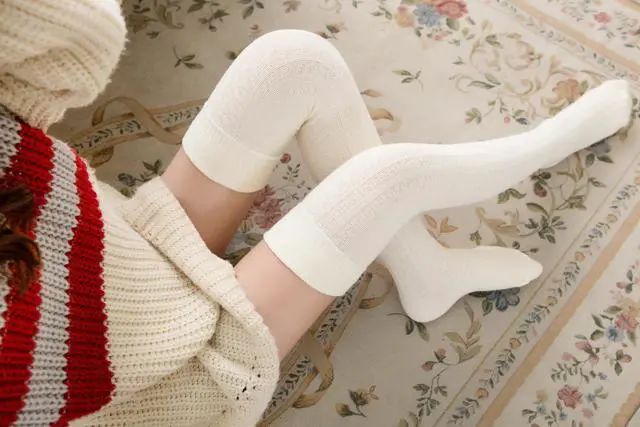 Alt view image 6 of 7 - Meso Big Girl's Women's 2 Pairs Awesome Thigh High Cotton Socks, Comfortable, Soft and Super Durable M1025 6-9 2p-11 (Black+Cream)