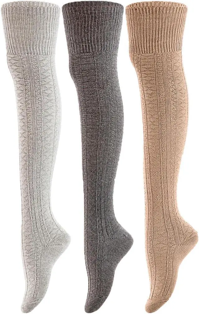 Main image of Meso Big Girl's Women's 3 Pairs Awesome Thigh High Cotton Socks, Comfortable, Soft and Super Durable Size 6-9 M1025-08 (Grey, Dark Grey, Beige)