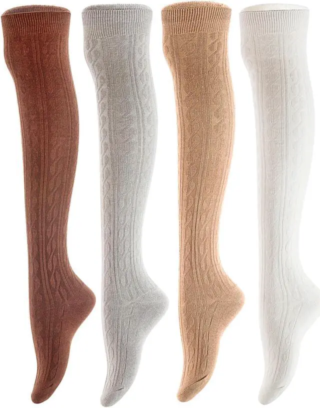 Main image of Meso Women's Big Girl's 4 Pairs Knee High Cotton Socks, Strong yet Soft Cozy and Stylish Size 6-9 M1024 4C-06(Coffee,Grey, Khaki, White)
