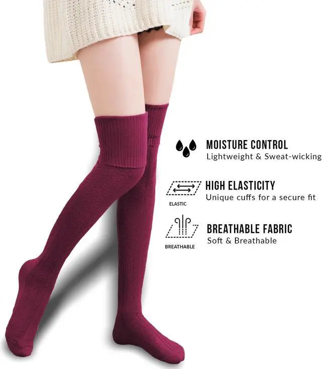 Alt view image 5 of 6 - Meso Big Girl's Women's 2 Pairs Awesome Thigh High Cotton Socks, Comfortable, Soft and Super Durable M1025 6-9 2p-02 (Wine)