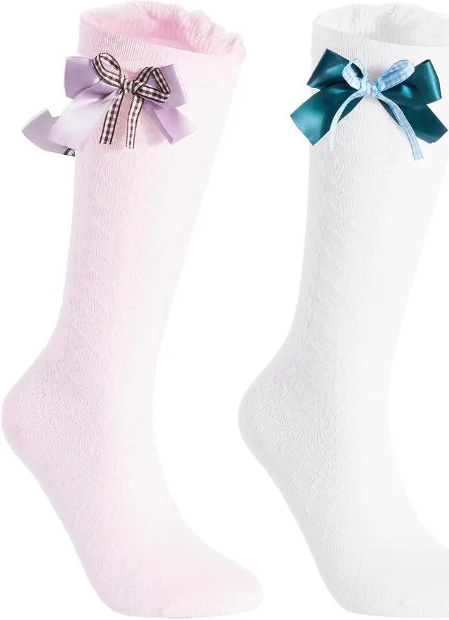 Main image of Lian LifeStyle 2 Pairs Cute Knee High Cotton Socks for Girls. Breathable & Warm Great Party Gift Idea for any Holiday CM01 Size (6Y-10Y)