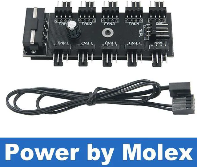Alt view image 2 of 5 - EnLabs PWMHUB10D 10 Ports 4-Pin PWM Fan Hub, Molex 4pin to 10 Fan Power Splitter Adapter Cable w/ Self-sticker for 3Pin / 4Pin fans