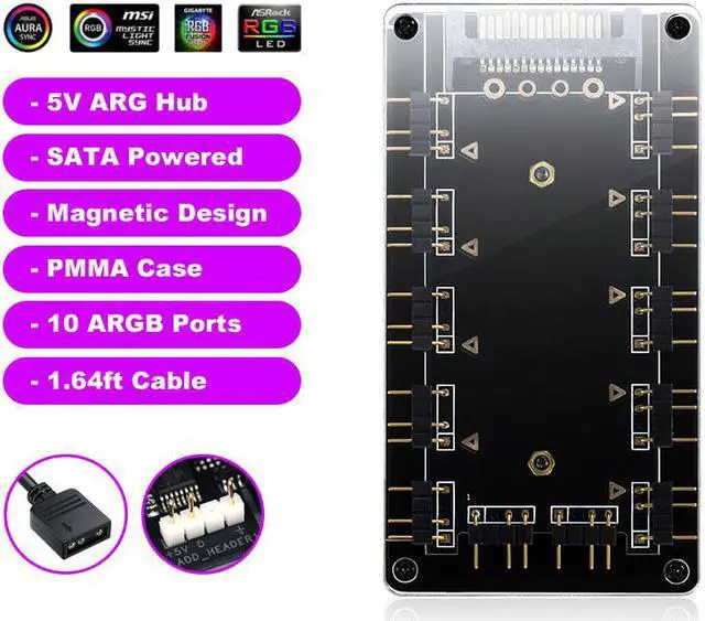 Alt view image 4 of 7 - ARGB Hub 5V 3Pin SYNC 11 Ports Splitter w/ Magnetic Standoff & PMMA Case,SATA to 3pin Addressable RGB Adpater for ASUS AURA GIGABYTE MSI ASRock LED Strip Lighting,Fans & Cooler- 1.64FT Extension Cable