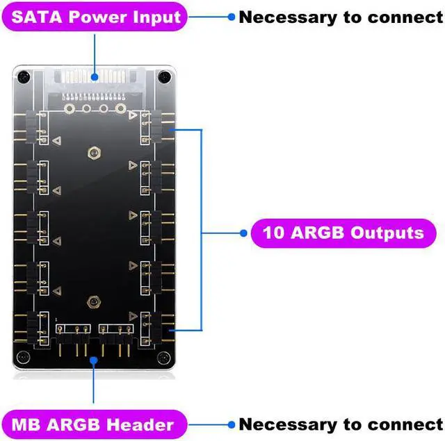 Alt view image 5 of 7 - ARGB Hub 5V 3Pin SYNC 11 Ports Splitter w/ Magnetic Standoff & PMMA Case,SATA to 3pin Addressable RGB Adpater for ASUS AURA GIGABYTE MSI ASRock LED Strip Lighting,Fans & Cooler- 1.64FT Extension Cable