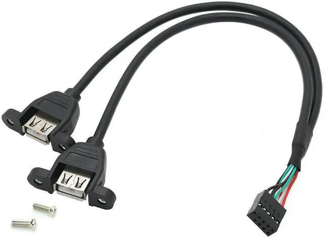 Alt view image 2 of 4 - Enlabs MB9P22U250CM Panel Mount USB 2.0 Cable - Motherboard USB 9Pin to 2 USB A Female Splitter Cable w/ Screws - 1.64FT,Black