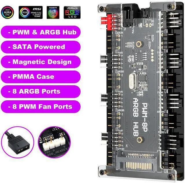 Alt view image 4 of 7 - 2-in-1 PWM & ARGB Controller Hub 8 Ports 12V 4Pin Fan & 5V 3Pin AURA Wireless IR Remote Adapter with PMMA Case and Magnetic Standoff for Cooling Radiator & ASUS/MSI LED Strip