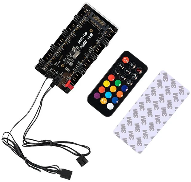 Alt view image 3 of 7 - 2-in-1 PWM & ARGB Controller Hub 8 Ports 12V 4Pin Fan & 5V 3Pin AURA Wireless IR Remote Adapter with PMMA Case and Magnetic Standoff for Cooling Radiator & ASUS/MSI LED Strip