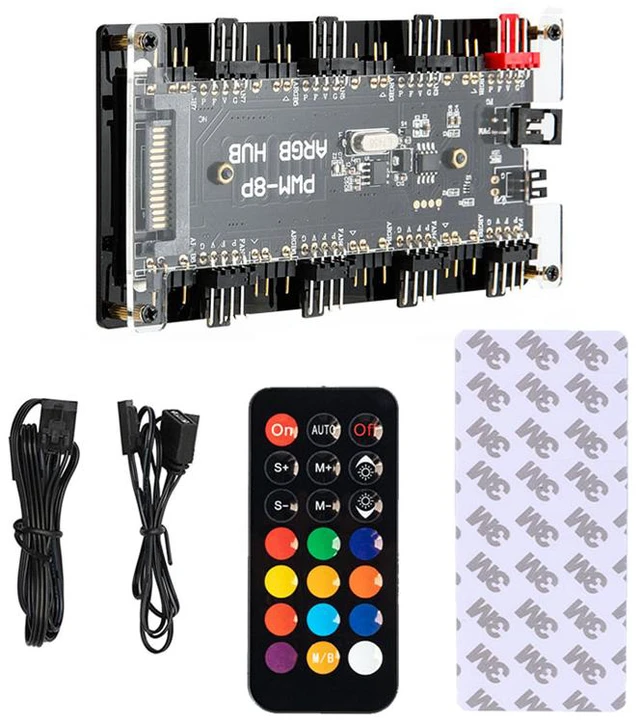 Alt view image 2 of 7 - 2-in-1 PWM & ARGB Controller Hub 8 Ports 12V 4Pin Fan & 5V 3Pin AURA Wireless IR Remote Adapter with PMMA Case and Magnetic Standoff for Cooling Radiator & ASUS/MSI LED Strip