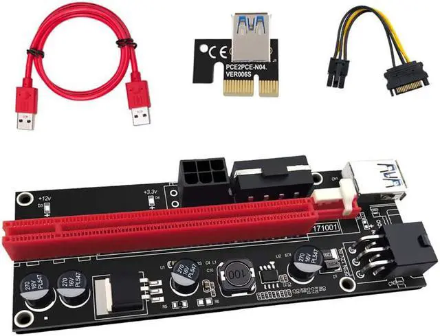 Alt view image 3 of 6 - PCIe Riser Cable 1X to 16X Graphics Extension for GPU Mining Powered Riser Adapter Card, 60cm USB 3.0 Cable,PCI Express X1 to X16 GPU Mining Card, TWO 6Pin and Molex 3 Power Options