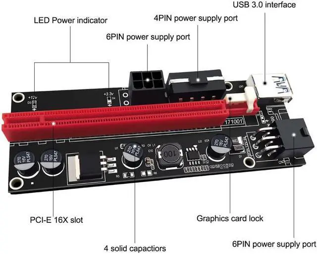 Alt view image 6 of 6 - PCIe Riser Cable 1X to 16X Graphics Extension for GPU Mining Powered Riser Adapter Card, 60cm USB 3.0 Cable,PCI Express X1 to X16 GPU Mining Card, TWO 6Pin and Molex 3 Power Options