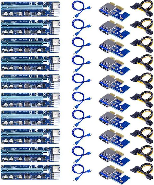 Alt view image 2 of 7 - 10 Pack EnLabs PCIe 1x to 16x PCI Express Extender Powered Riser Card,Ethereum Mining ETH GPU Riser Adapter Power by PCIe 6pin w/ 60cm USB 3.0 Extension Cable& 6-Pin PCI-E to SATA  Power Cable