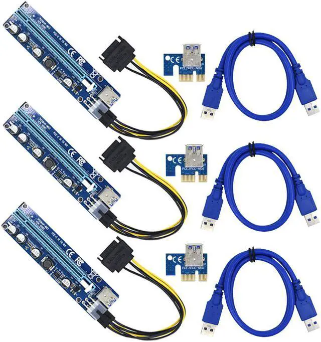 Alt view image 2 of 7 - 3Packs EnLabs  GPU Riser Cable Adapter,PCIe 1x to 16x PCI Express Extender Riser Card for Ethereum Mining ETH,Power by PCIe 6pin w/ 60cm USB 3.0 Extension Cable& SATA to 6-Pin PCI-E Power Cable