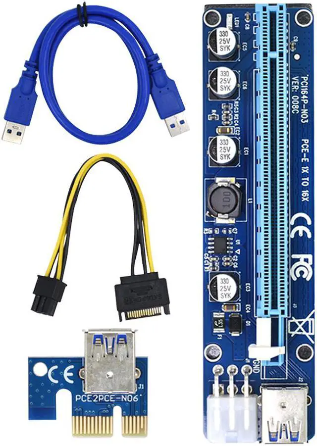 Alt view image 7 of 7 - 3Packs EnLabs  GPU Riser Cable Adapter,PCIe 1x to 16x PCI Express Extender Riser Card for Ethereum Mining ETH,Power by PCIe 6pin w/ 60cm USB 3.0 Extension Cable& SATA to 6-Pin PCI-E Power Cable