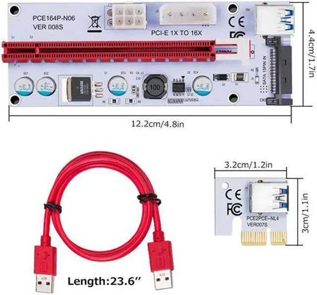 Alt view image 3 of 7 - 3-Packs GPU Riser PCI-E Express 1x to 16x  Mining Riser Card Cable,60cm USB 3.0 Cable,PCI Express X1 to X16 GPU Ethereum ETH Mining Card 4 Solid Capacitors LED Indicator Power by SATA,Molex, 6pin PCIe