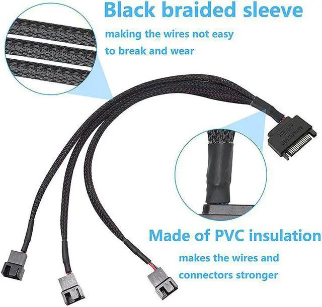 Alt view image 4 of 7 - EN-Labs SATA to 3 Pin 4 Pin Fan Sleeved Power Splitter Cable Adapter,15Pin SATA to 3 x TX3 / TX4 (PWM) 12V PC Case Fan Cooler Y Splitter Power Extension Cord - 10 Inch,Black