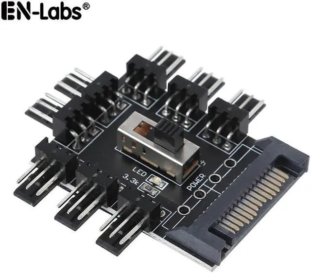 Main image of EN-Labs PC Fan Speed Controller - 8 Way Cooling Fan Hub w/ 7/12V Voltage Switch - 1 to 8 Multi Way Splitter for 3-Pin / 4 Pin Case Fan - PCB Adapter - Power by SATA