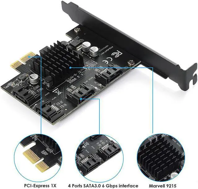 Alt view image 3 of 6 - 4 Port SATA 3.0 PCIe 3.0 X1 Controller Card,SATAIII 6GbpsPCI Express Expansion Card, Support SSD/HDD as System Boot Disk,Marvell 88SE9215,Non-Raid,Black