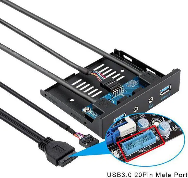 Alt view image 5 of 7 - 3.5" Internal Floppy Bay Front Panel Motherboard Mainboard USB 3.0 20Pin Header to 2 Port USB 3.0 Female Hub Adapter Bracket w/ HD Audio Mic Connector